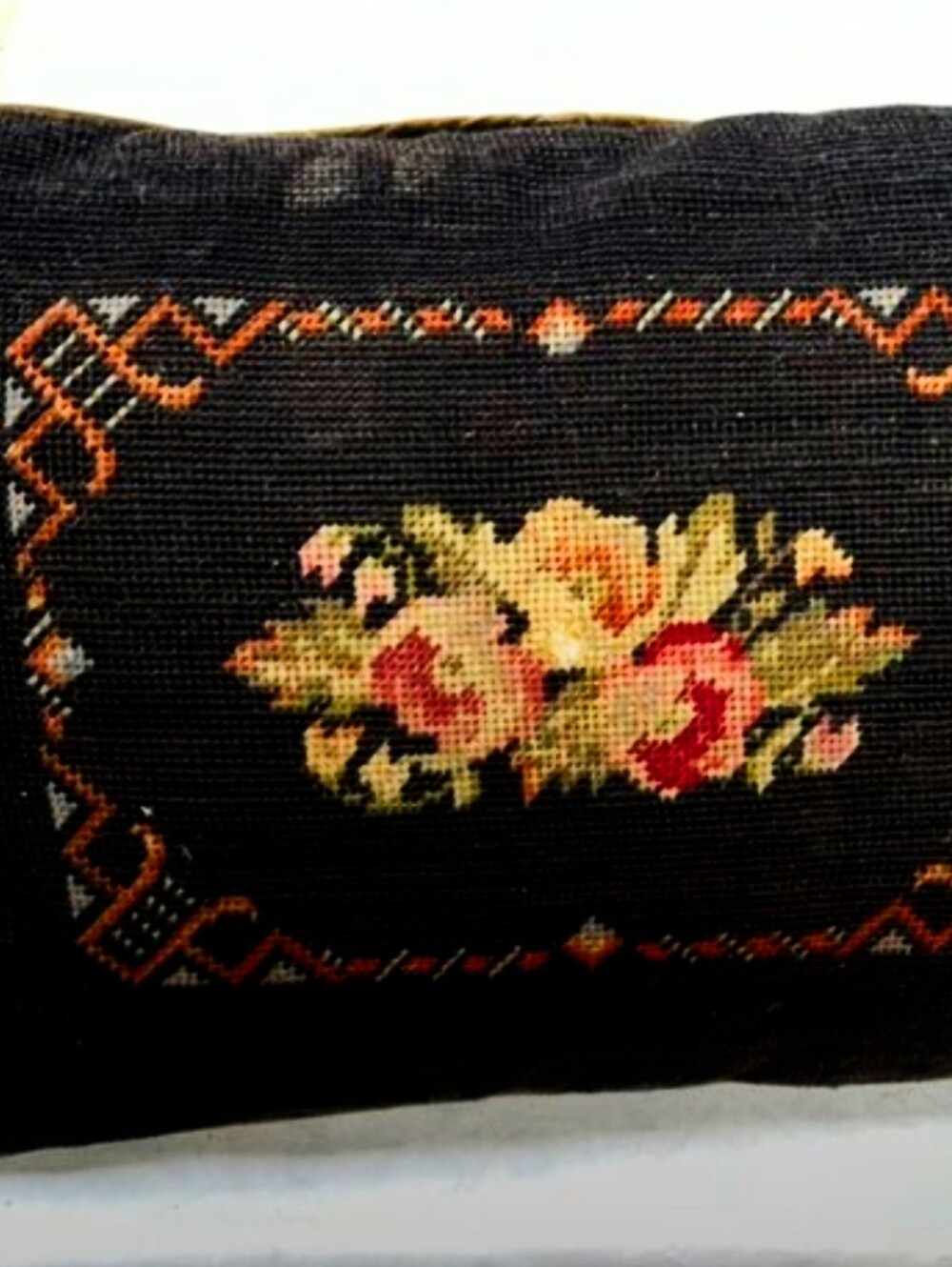 Vintage Antique Handmade 1920’s Floral Needlepoint Pillow-Chocolate Velvet